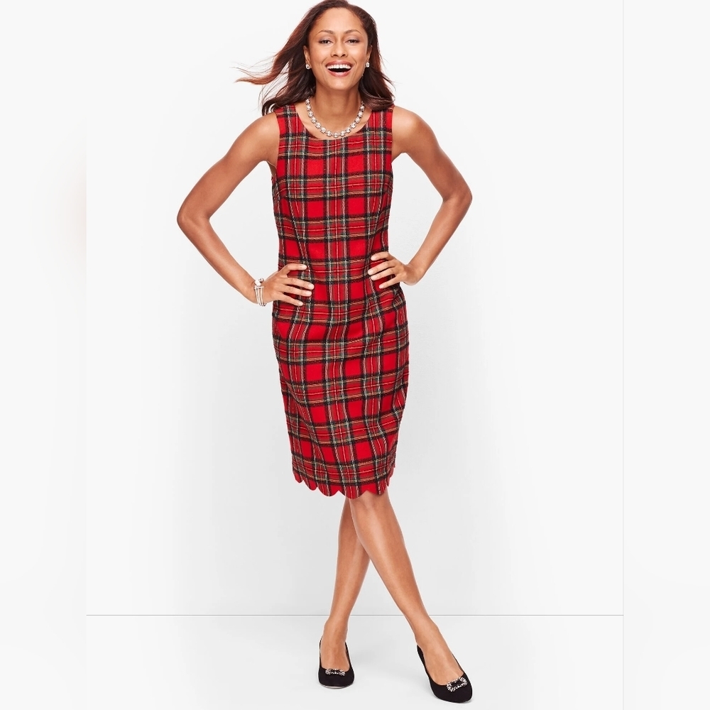 Talbots Shimmer Plaid Scalloped Hem Sleeveless Sheath Holiday Dress Size 10